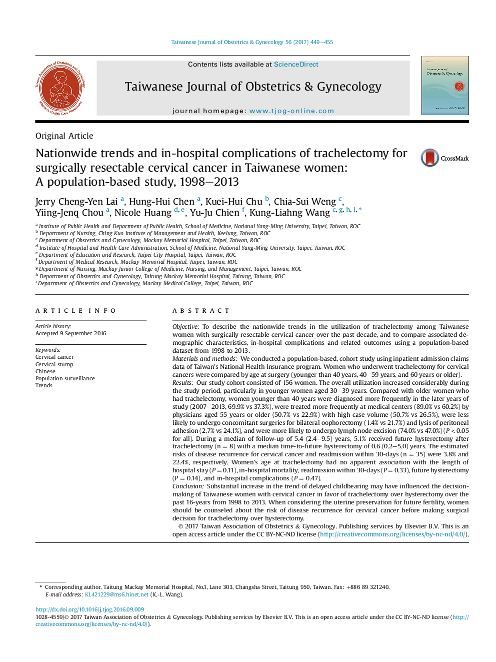 Nationwide trends and in-hospital complications of trachelectomy for surgically resectable cervical cancer in Taiwanese women: AÂ population-based study, 1998-2013