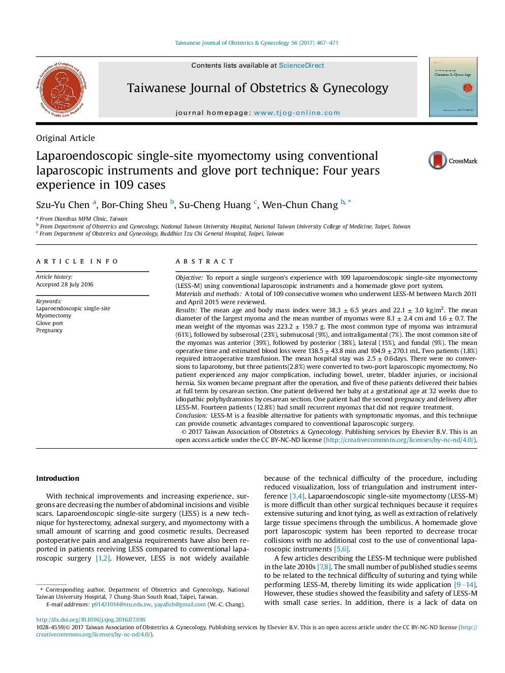 Laparoendoscopic single-site myomectomy using conventional laparoscopic instruments and glove port technique: Four years experience in 109 cases