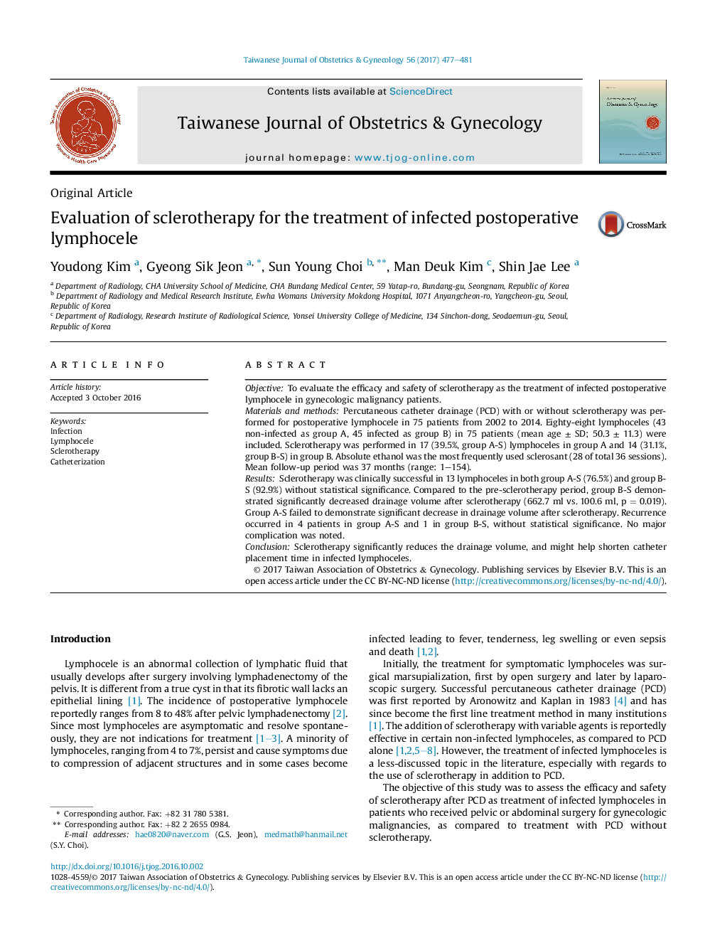 Evaluation of sclerotherapy for the treatment of infected postoperative lymphocele