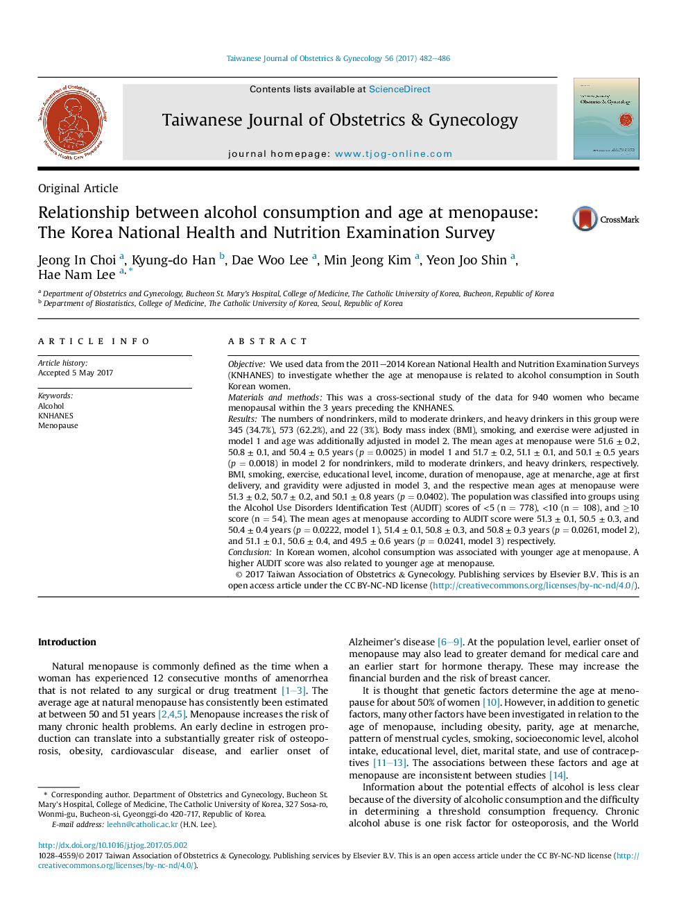 Relationship between alcohol consumption and age at menopause: The Korea National Health and Nutrition Examination Survey