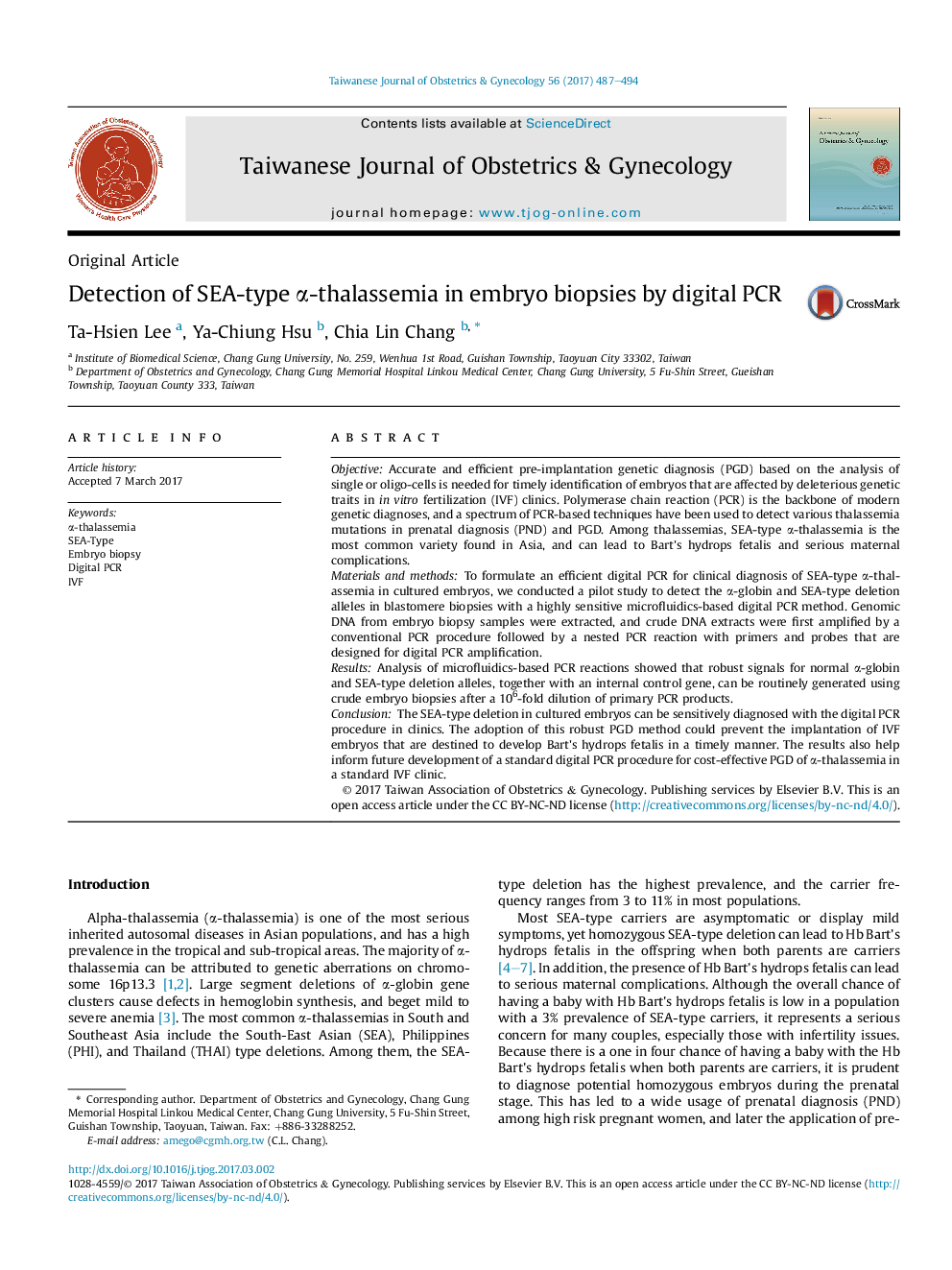 Detection of SEA-type Î±-thalassemia in embryo biopsies by digital PCR