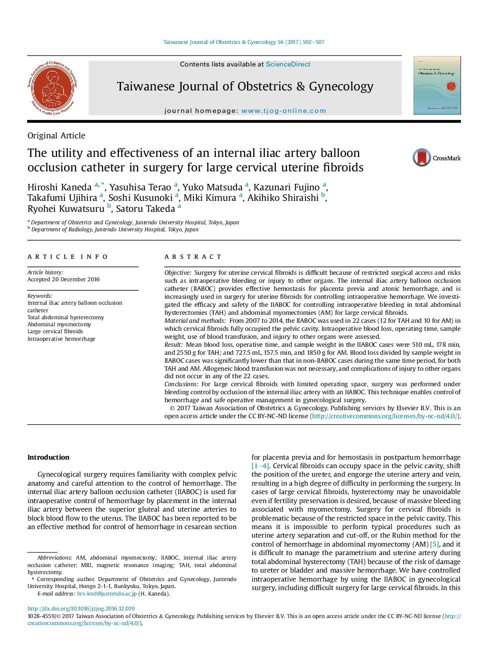 The utility and effectiveness of an internal iliac artery balloon occlusion catheter in surgery for large cervical uterine fibroids