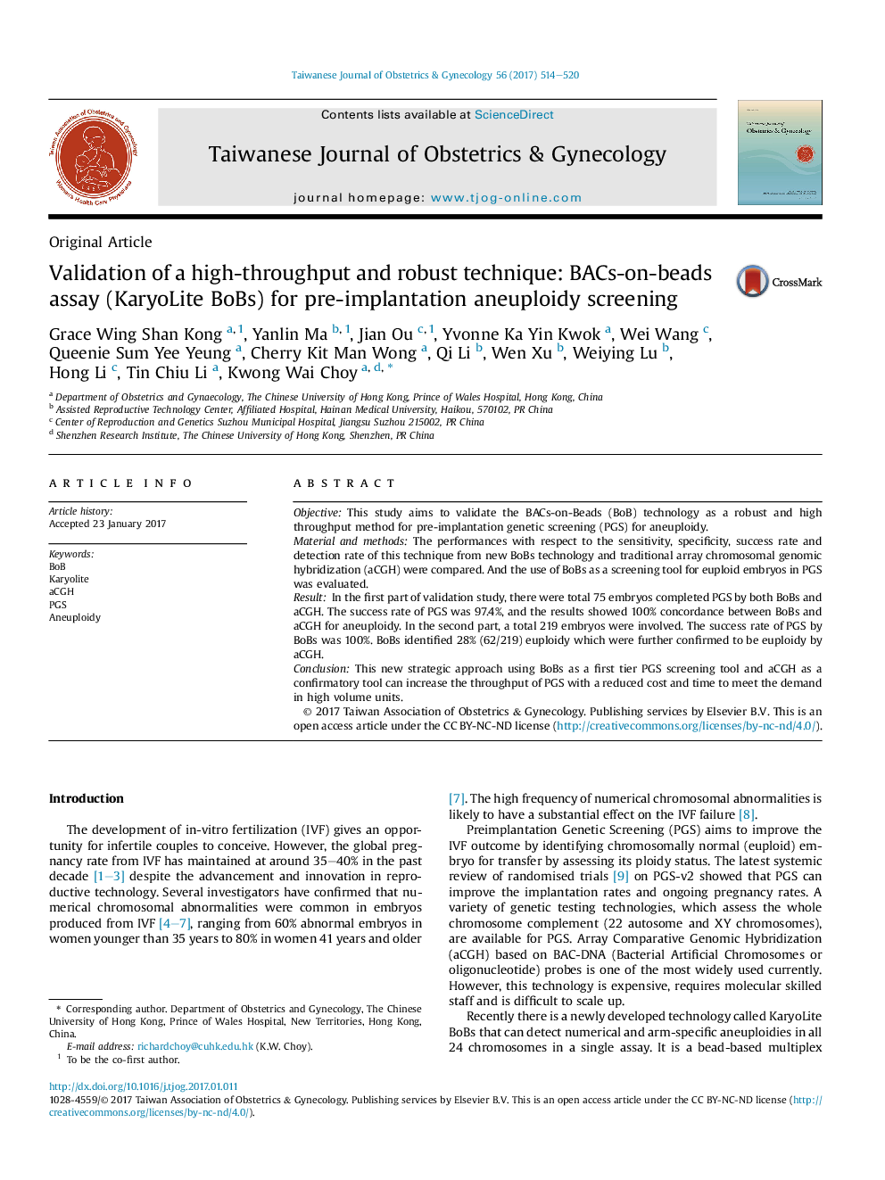 Validation of a high-throughput and robust technique: BACs-on-beads assay (KaryoLite BoBs) for pre-implantation aneuploidy screening