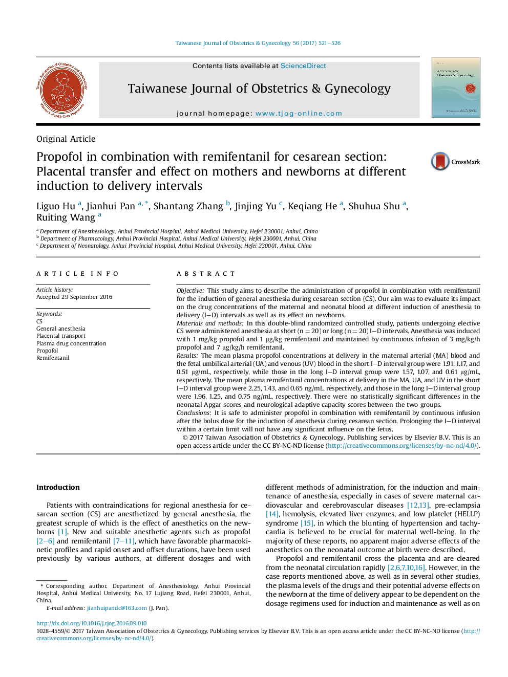 Propofol in combination with remifentanil for cesarean section: Placental transfer and effect on mothers and newborns at different induction to delivery intervals