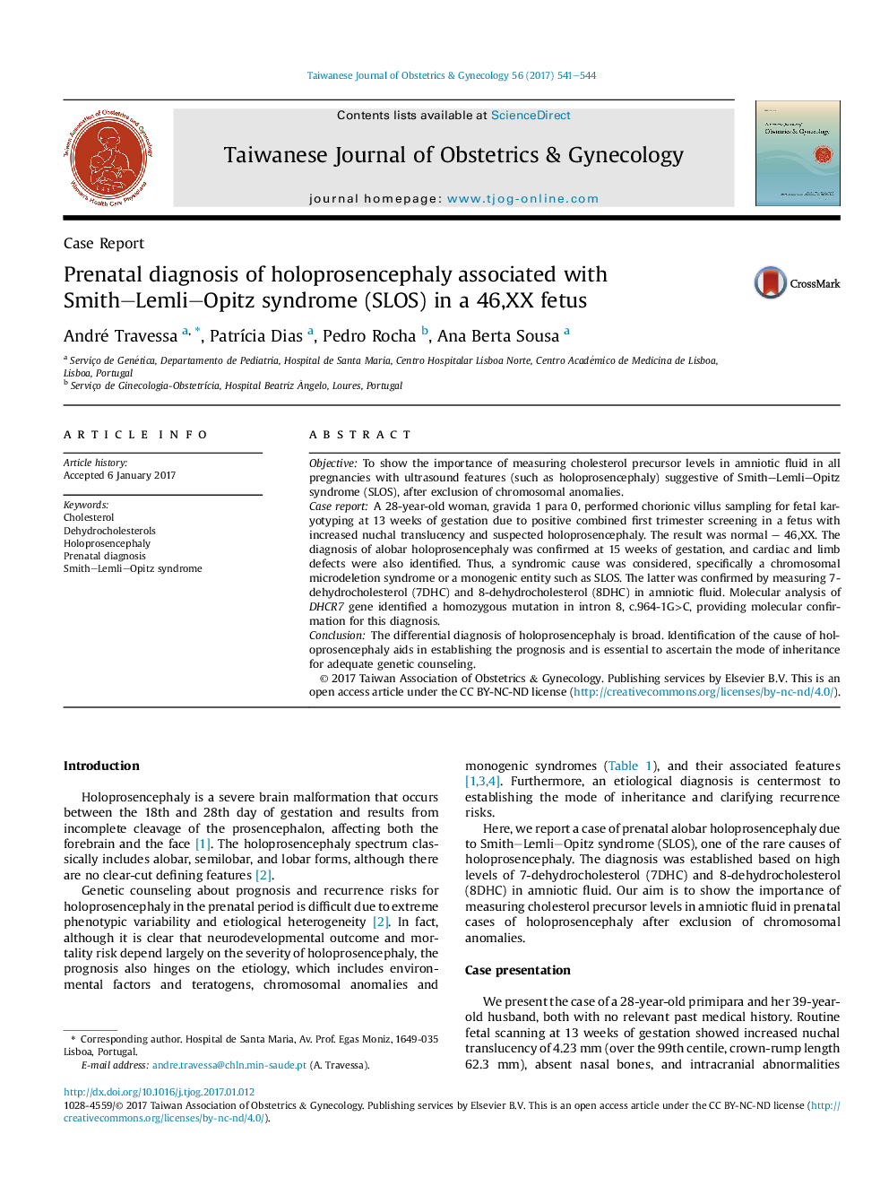 Prenatal diagnosis of holoprosencephaly associated with Smith-Lemli-Opitz syndrome (SLOS) in a 46,XX fetus