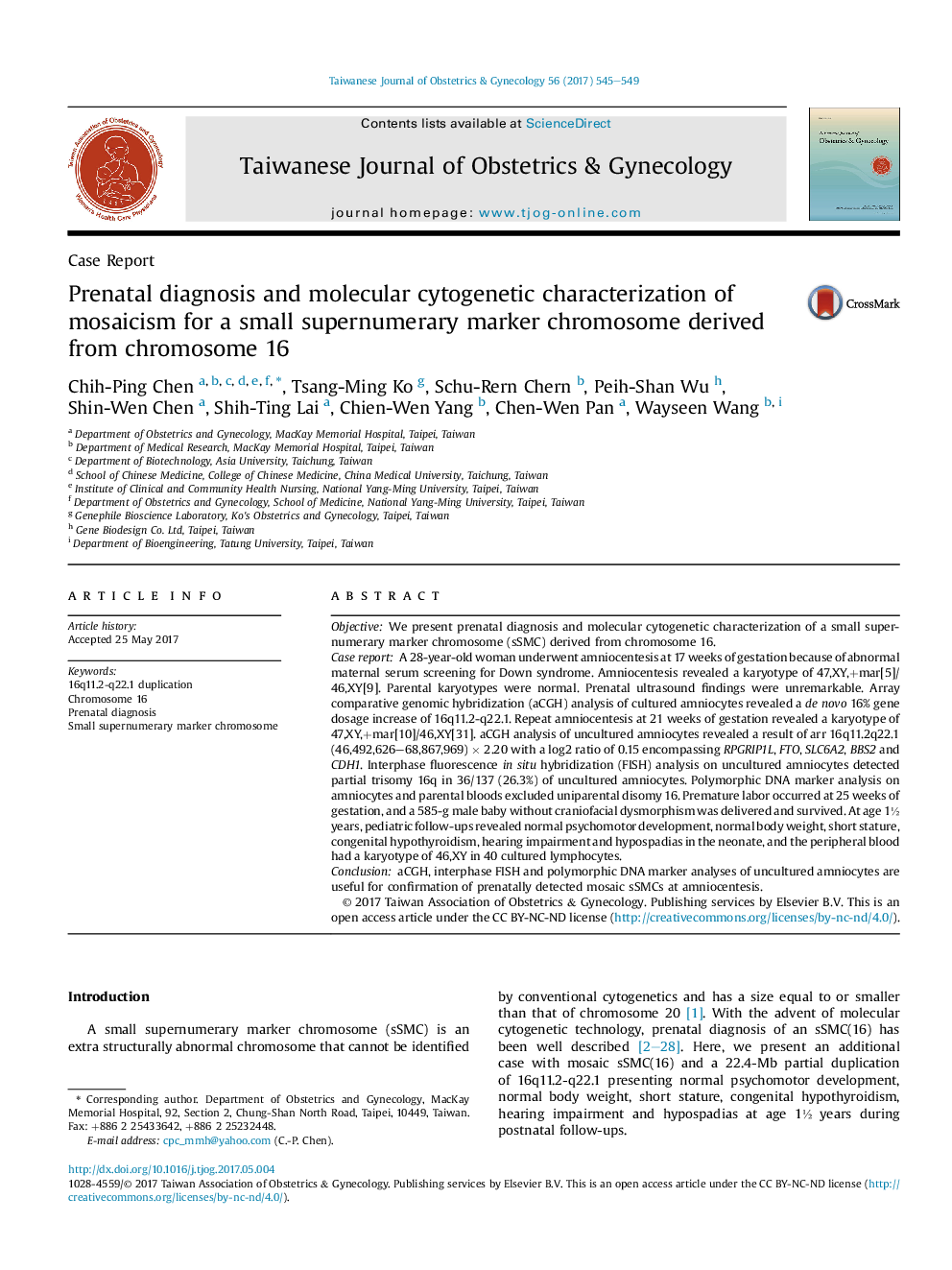 Prenatal diagnosis and molecular cytogenetic characterization of mosaicism for a small supernumerary marker chromosome derived from chromosome 16