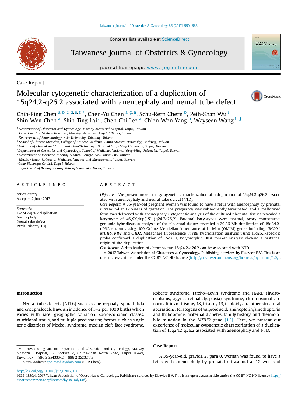 Molecular cytogenetic characterization of a duplication of 15q24.2-q26.2 associated with anencephaly and neural tube defect