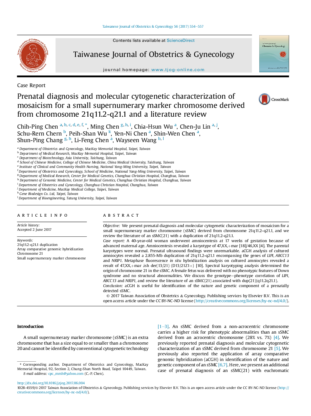 Prenatal diagnosis and molecular cytogenetic characterization of mosaicism for a small supernumerary marker chromosome derived from chromosome 21q11.2-q21.1 and a literature review