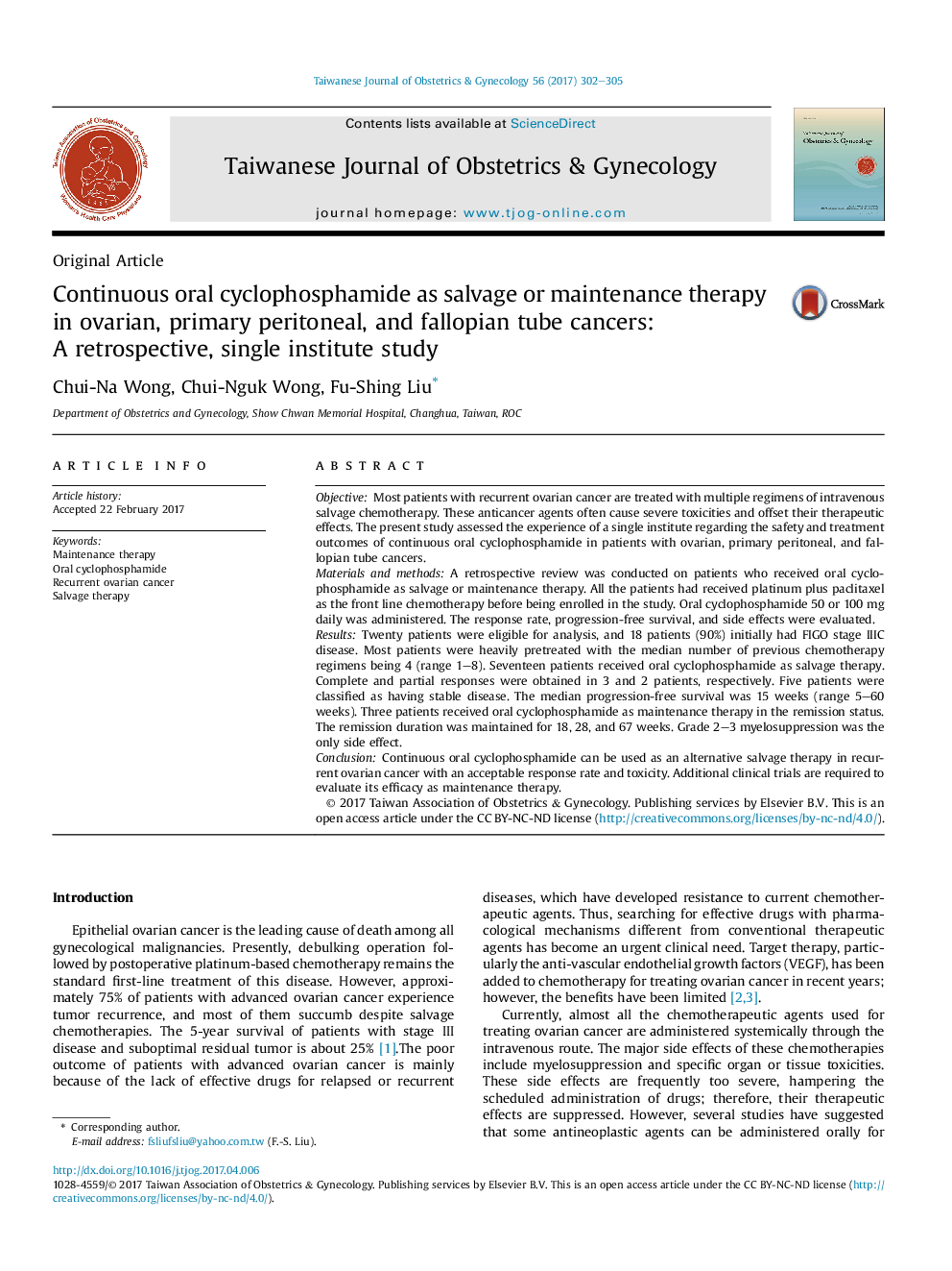 Continuous oral cyclophosphamide as salvage or maintenance therapy in ovarian, primary peritoneal, and fallopian tube cancers: AÂ retrospective, single institute study