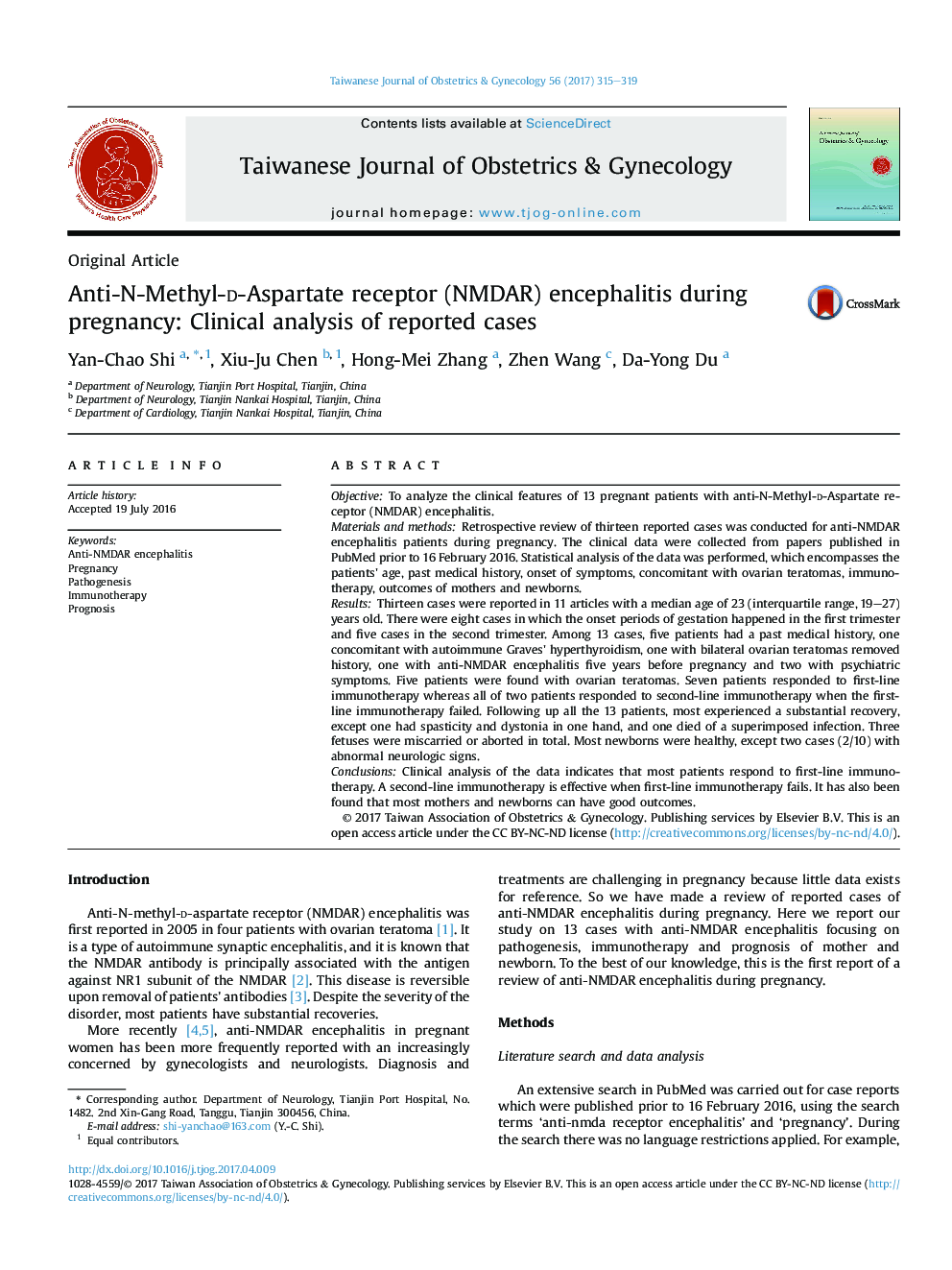 Anti-N-Methyl-d-Aspartate receptor (NMDAR) encephalitis during pregnancy: Clinical analysis of reported cases