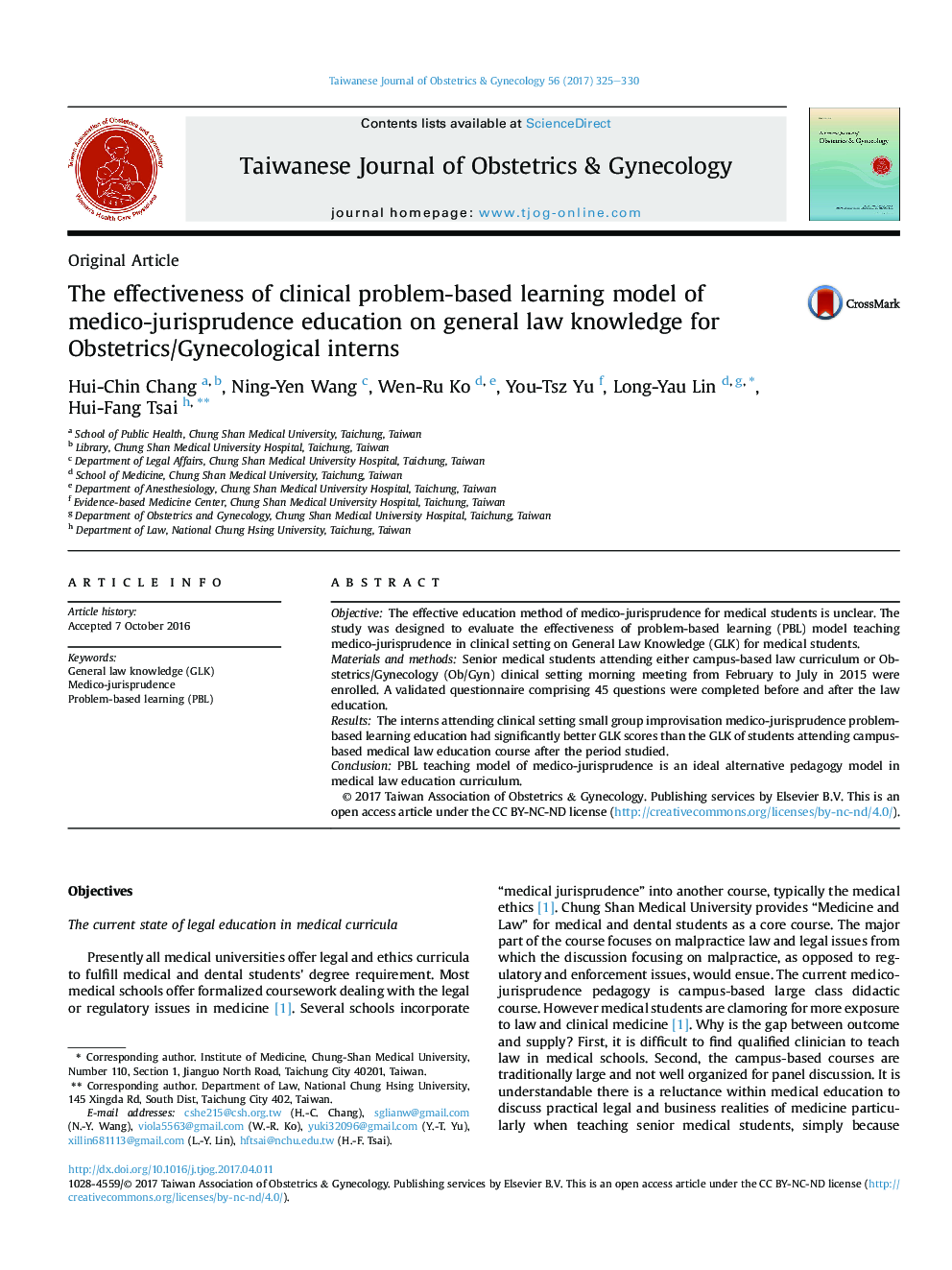 The effectiveness of clinical problem-based learning model of medico-jurisprudence education on general law knowledge for Obstetrics/Gynecological interns