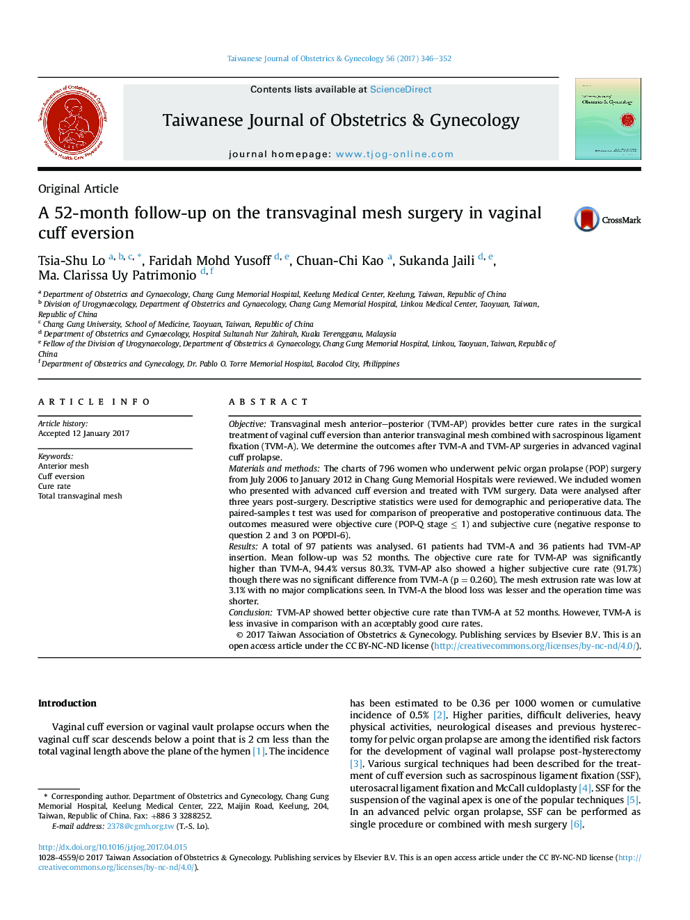 A 52-month follow-up on the transvaginal mesh surgery in vaginal cuff eversion