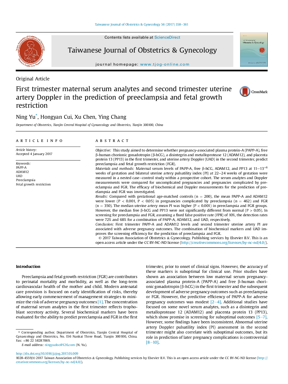 First trimester maternal serum analytes and second trimester uterine artery Doppler in the prediction of preeclampsia and fetal growth restriction