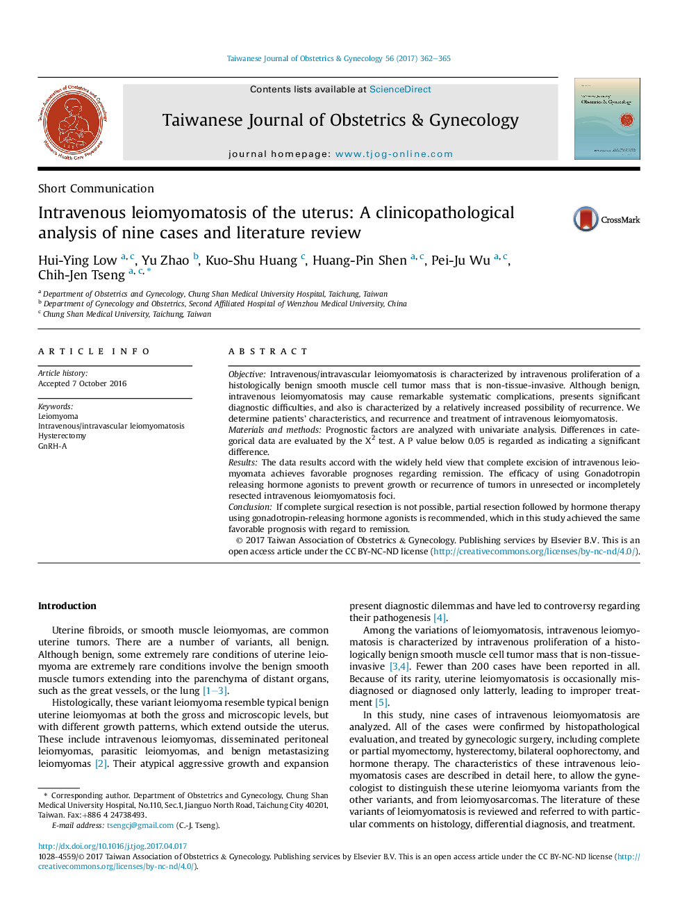 Intravenous leiomyomatosis of the uterus: A clinicopathological analysis of nine cases and literature review