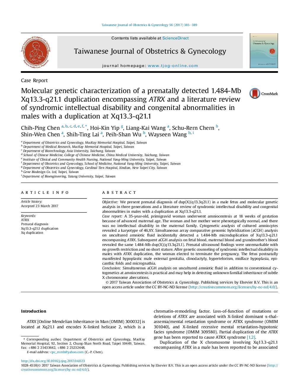 Molecular genetic characterization of a prenatally detected 1.484-Mb Xq13.3-q21.1 duplication encompassing ATRX and a literature review of syndromic intellectual disability and congenital abnormalities in males with a duplication at Xq13.3-q21.1