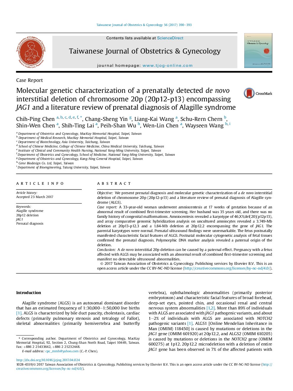 Molecular genetic characterization of a prenatally detected de novo interstitial deletion of chromosome 20p (20p12-p13) encompassing JAG1 and a literature review of prenatal diagnosis of Alagille syndrome