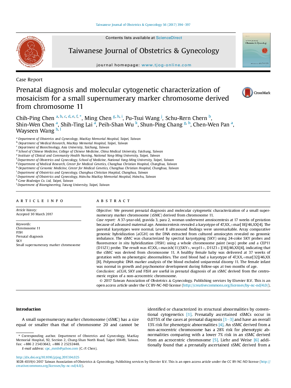 Prenatal diagnosis and molecular cytogenetic characterization of mosaicism for a small supernumerary marker chromosome derived from chromosome 11