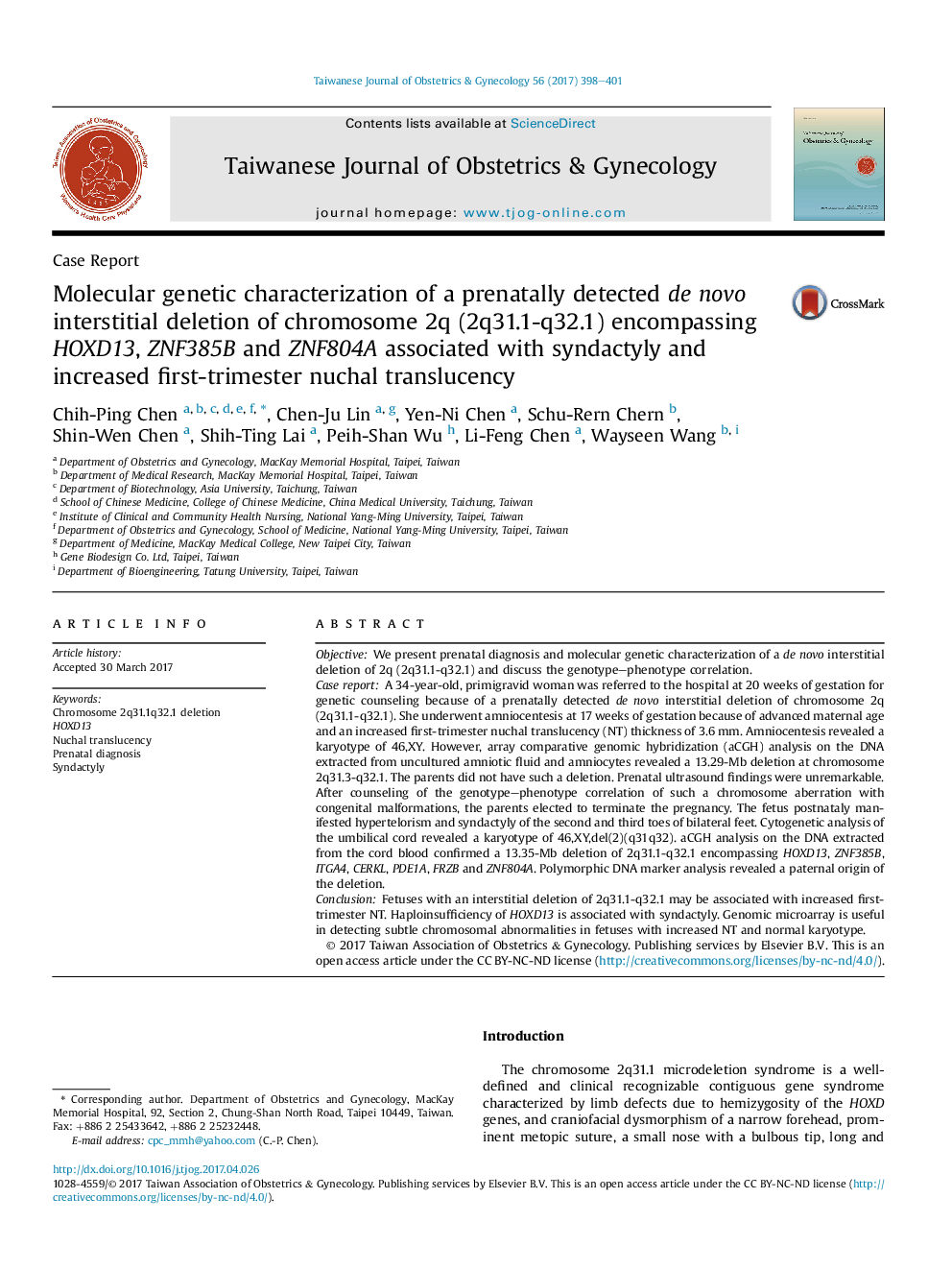 Molecular genetic characterization of a prenatally detected de novo interstitial deletion of chromosome 2q (2q31.1-q32.1) encompassing HOXD13, ZNF385B and ZNF804A associated with syndactyly and increased first-trimester nuchal translucency