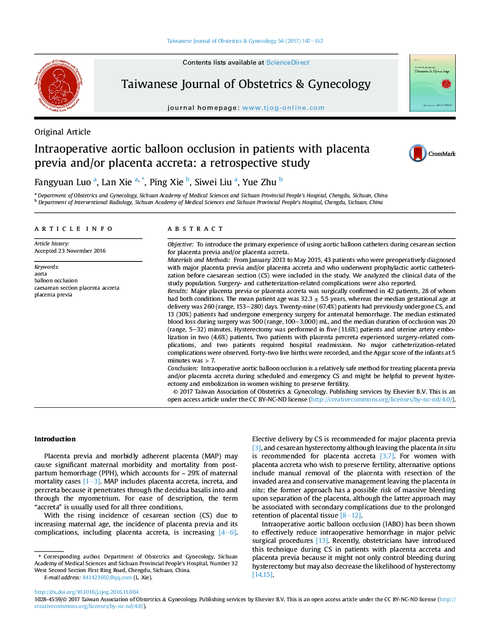 Intraoperative aortic balloon occlusion in patients with placenta previa and/or placenta accreta: a retrospective study