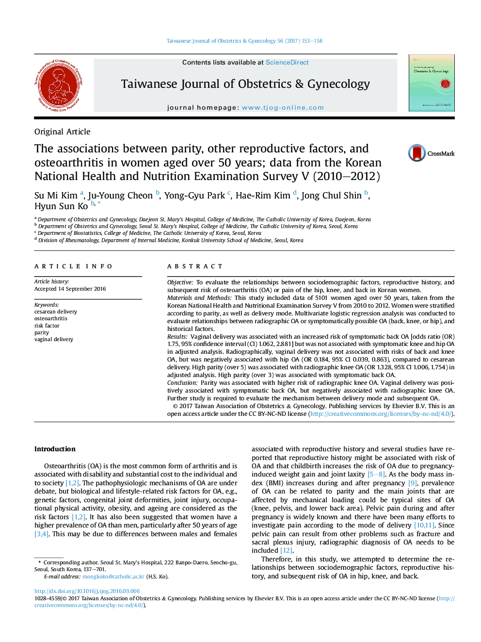 The associations between parity, other reproductive factors, and osteoarthritis in women aged over 50 years; data from the Korean National Health and Nutrition Examination Survey V (2010-2012)