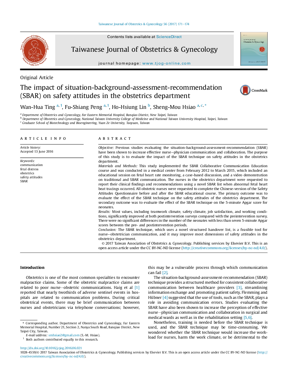 The impact of situation-background-assessment-recommendation (SBAR) on safety attitudes in the obstetrics department