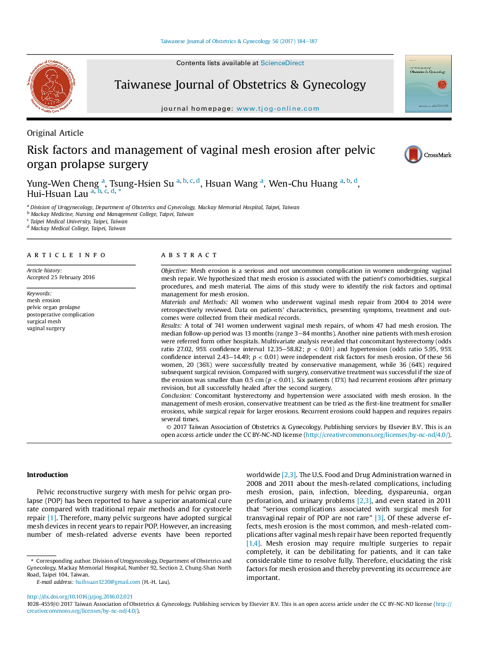 Risk factors and management of vaginal mesh erosion after pelvic organ prolapse surgery