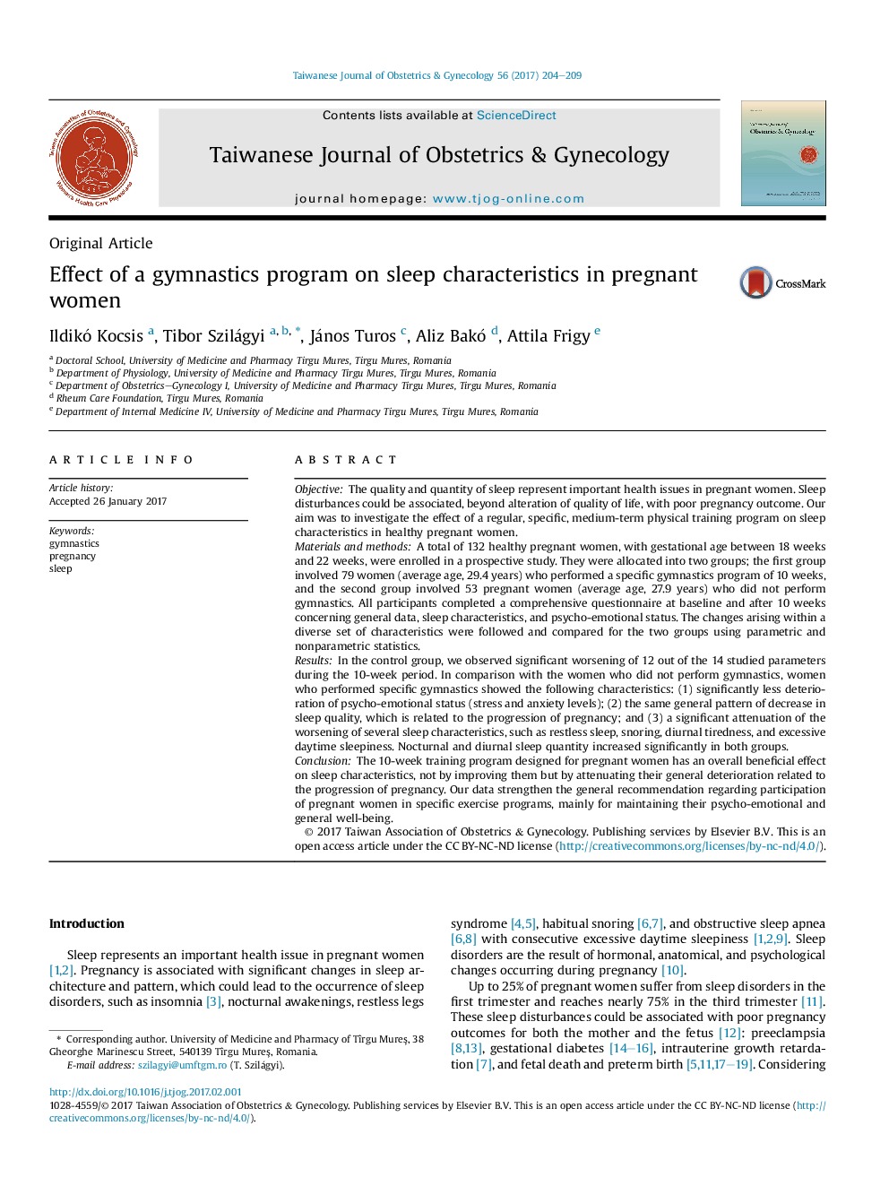 Effect of a gymnastics program on sleep characteristics in pregnant women