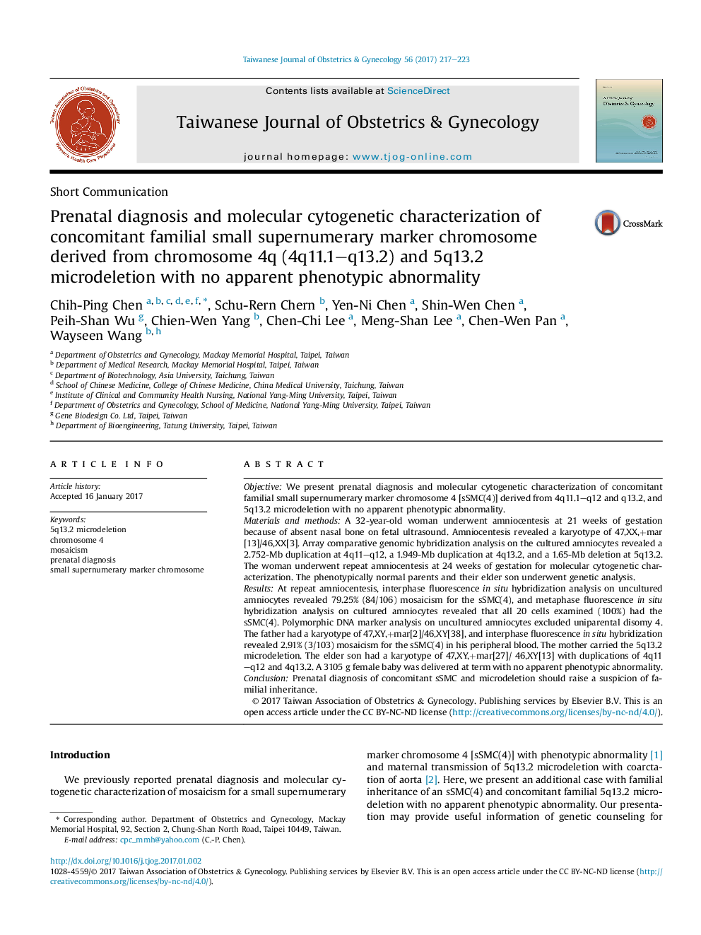 Prenatal diagnosis and molecular cytogenetic characterization of concomitant familial small supernumerary marker chromosome derived from chromosome 4q (4q11.1-q13.2) and 5q13.2 microdeletion with no apparent phenotypic abnormality