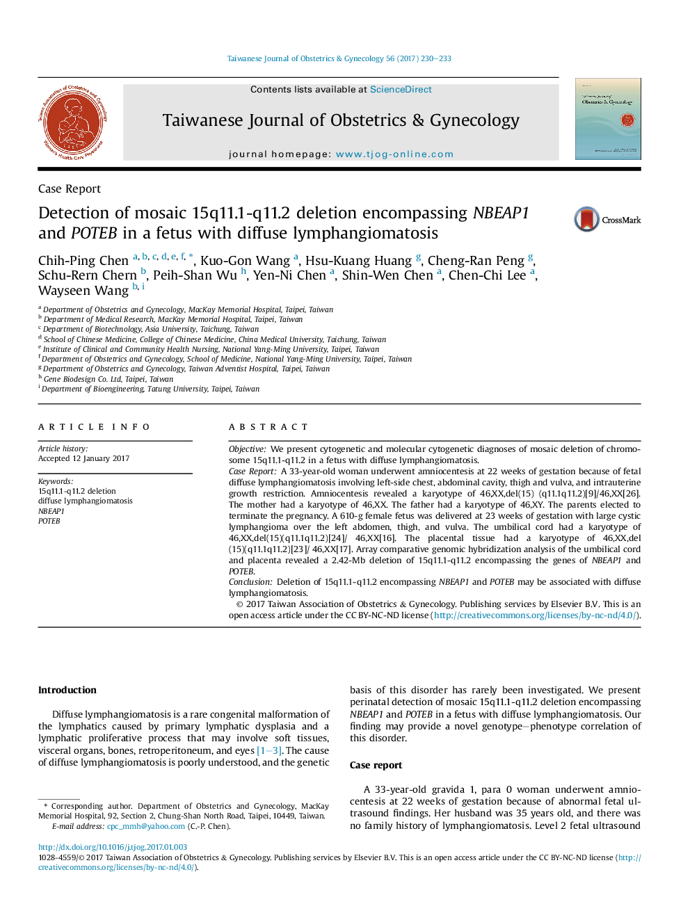 Detection of mosaic 15q11.1-q11.2 deletion encompassing NBEAP1 andÂ POTEB in a fetus with diffuse lymphangiomatosis