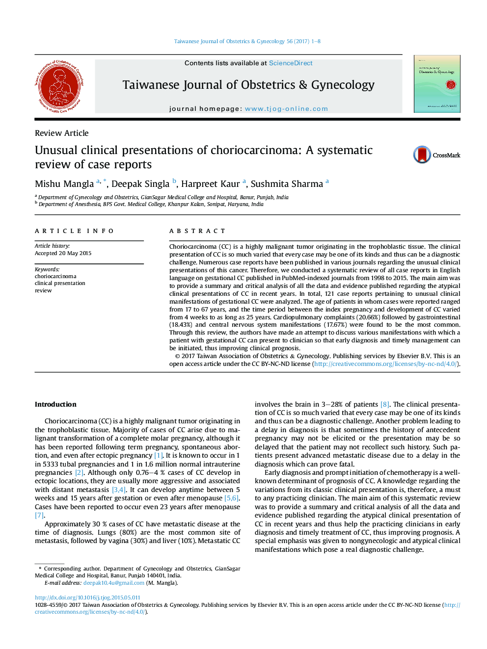 Unusual clinical presentations of choriocarcinoma: A systematic review of case reports