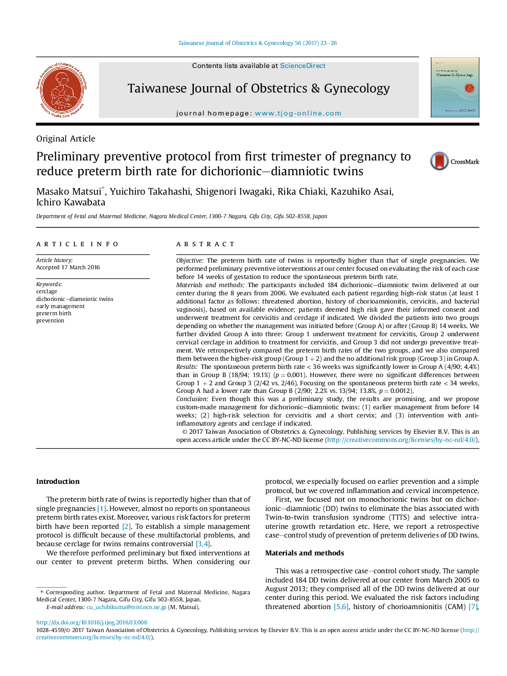 Preliminary preventive protocol from first trimester of pregnancy to reduce preterm birth rate for dichorionic-diamniotic twins