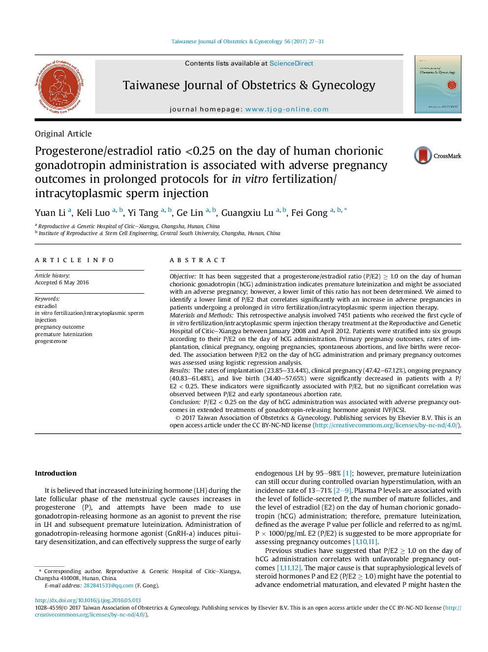 Progesterone/estradiol ratio <0.25 on the day of human chorionic gonadotropin administration is associated with adverse pregnancy outcomes in prolonged protocols for inÂ vitro fertilization/intracytoplasmic sperm injection