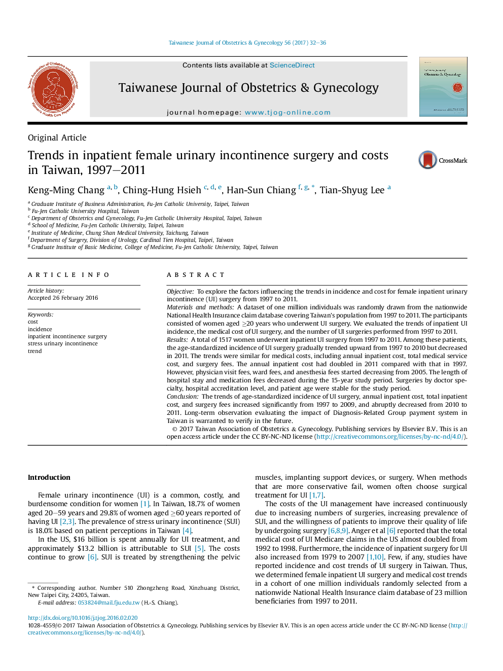 Trends in inpatient female urinary incontinence surgery and costs inÂ Taiwan, 1997-2011