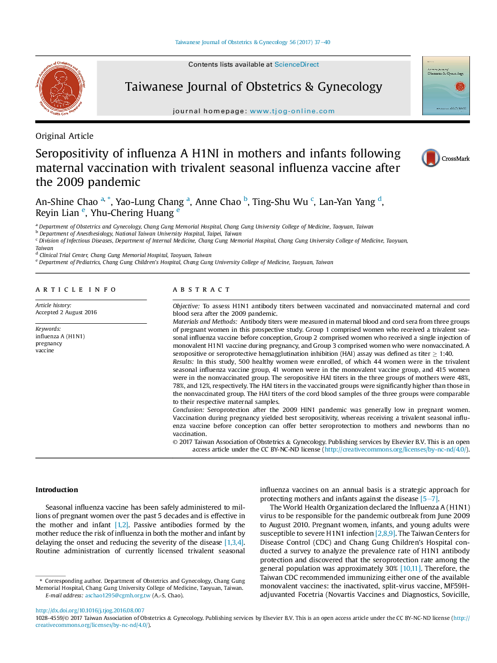 Seropositivity of influenza A H1NI in mothers and infants following maternal vaccination with trivalent seasonal influenza vaccine after the 2009 pandemic