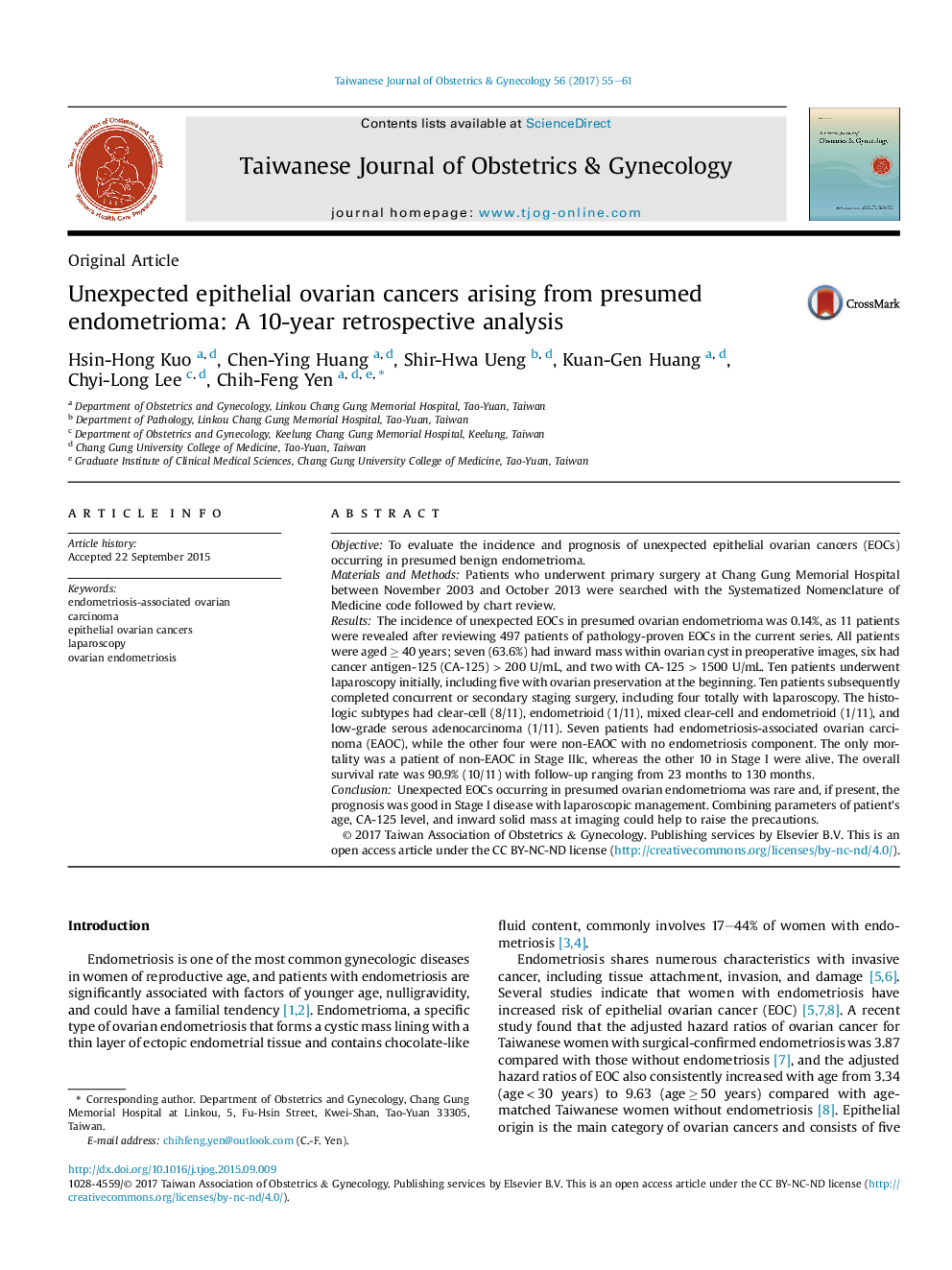 Unexpected epithelial ovarian cancers arising from presumed endometrioma: A 10-year retrospective analysis