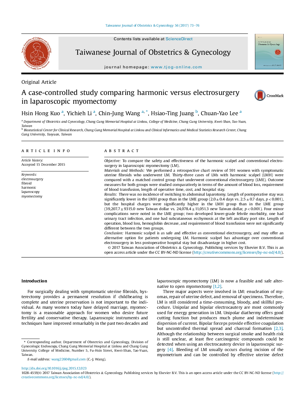 A case-controlled study comparing harmonic versus electrosurgery in laparoscopic myomectomy