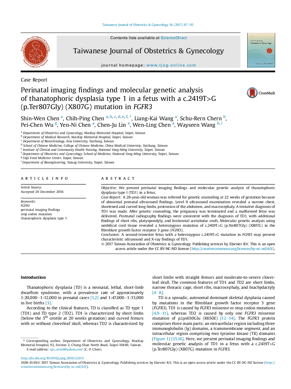 Perinatal imaging findings and molecular genetic analysis ofÂ thanatophoric dysplasia type 1 in a fetus with a c.2419T>G (p.Ter807Gly) (X807G) mutation in FGFR3