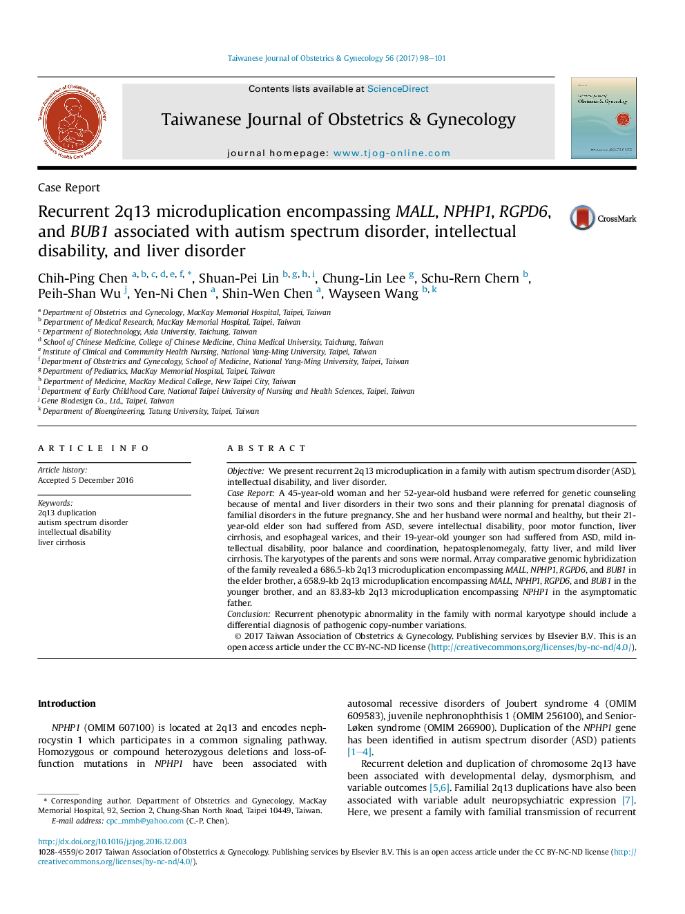 Recurrent 2q13 microduplication encompassing MALL, NPHP1, RGPD6, and BUB1 associated with autism spectrum disorder, intellectual disability, and liver disorder