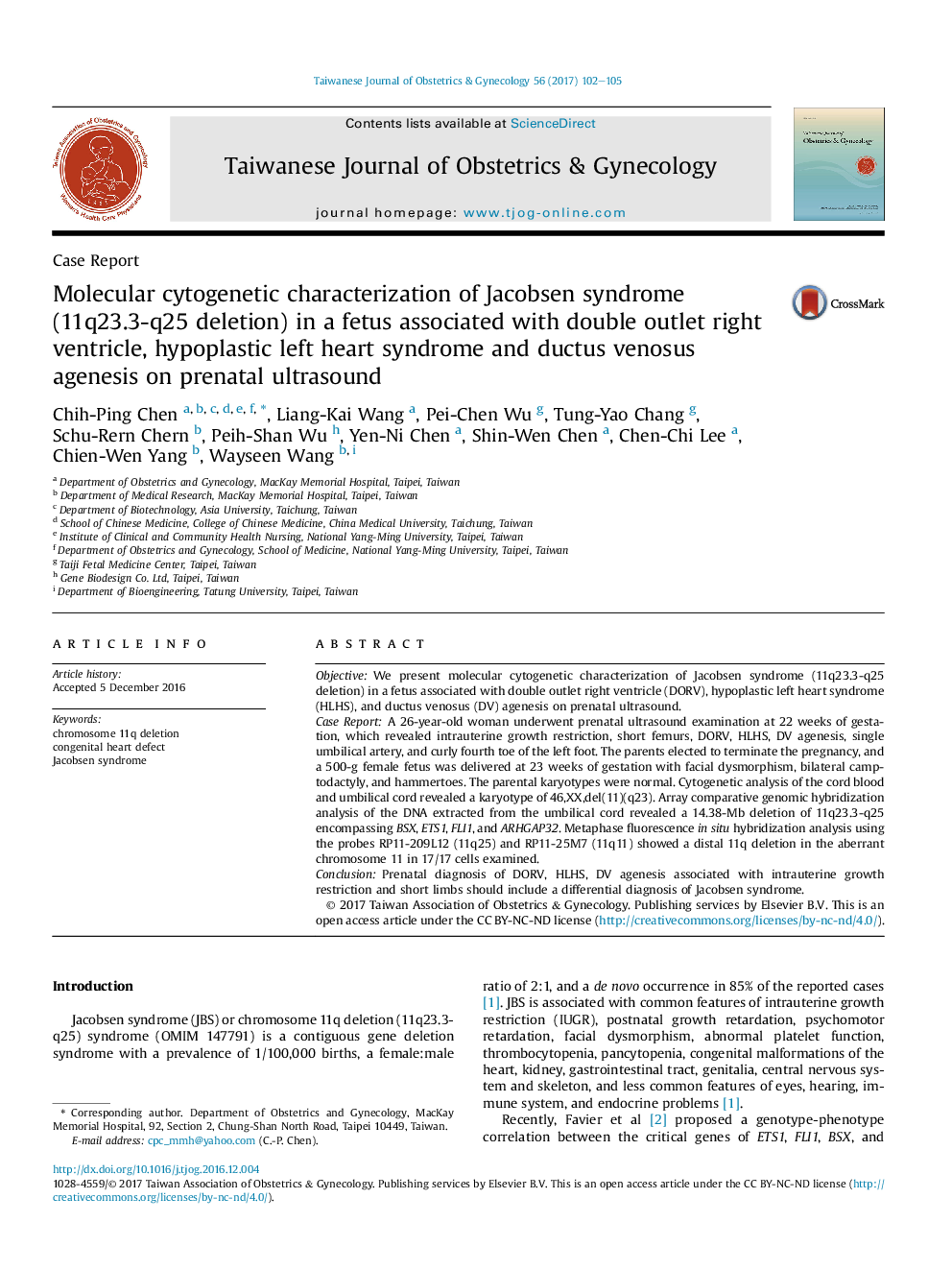 Molecular cytogenetic characterization of Jacobsen syndrome (11q23.3-q25 deletion) in a fetus associated with double outlet right ventricle, hypoplastic left heart syndrome and ductus venosus agenesis on prenatal ultrasound