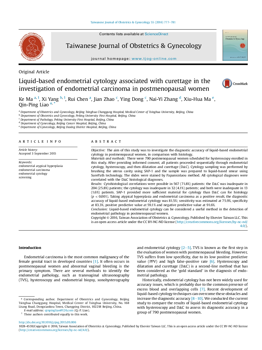 Liquid-based endometrial cytology associated with curettage in the investigation of endometrial carcinoma in postmenopausal women