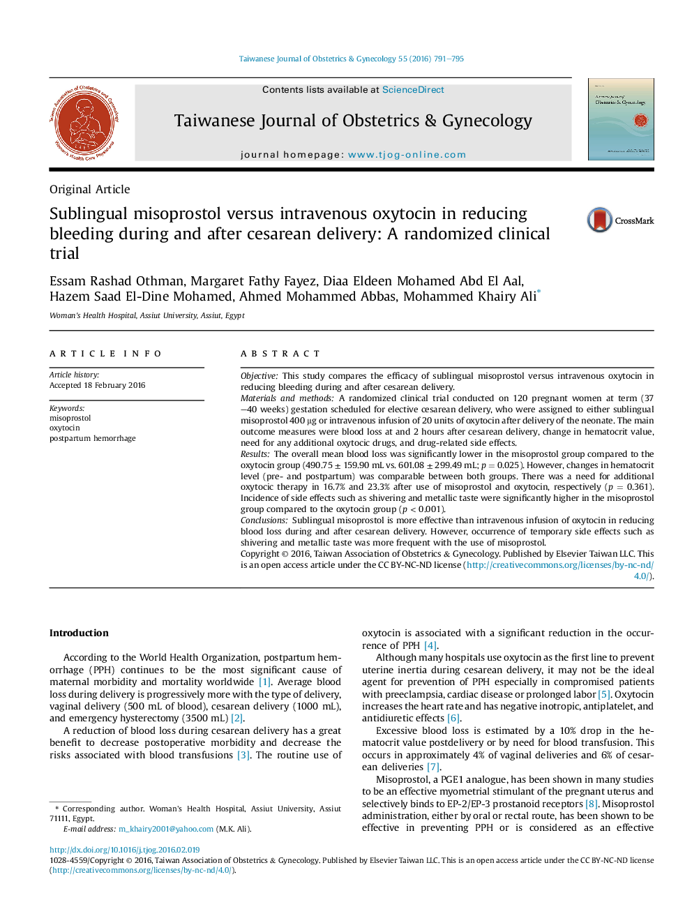 Sublingual misoprostol versus intravenous oxytocin in reducing bleeding during and after cesarean delivery: A randomized clinical trial