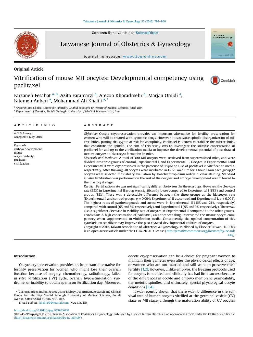 Vitrification of mouse MII oocytes: Developmental competency using paclitaxel