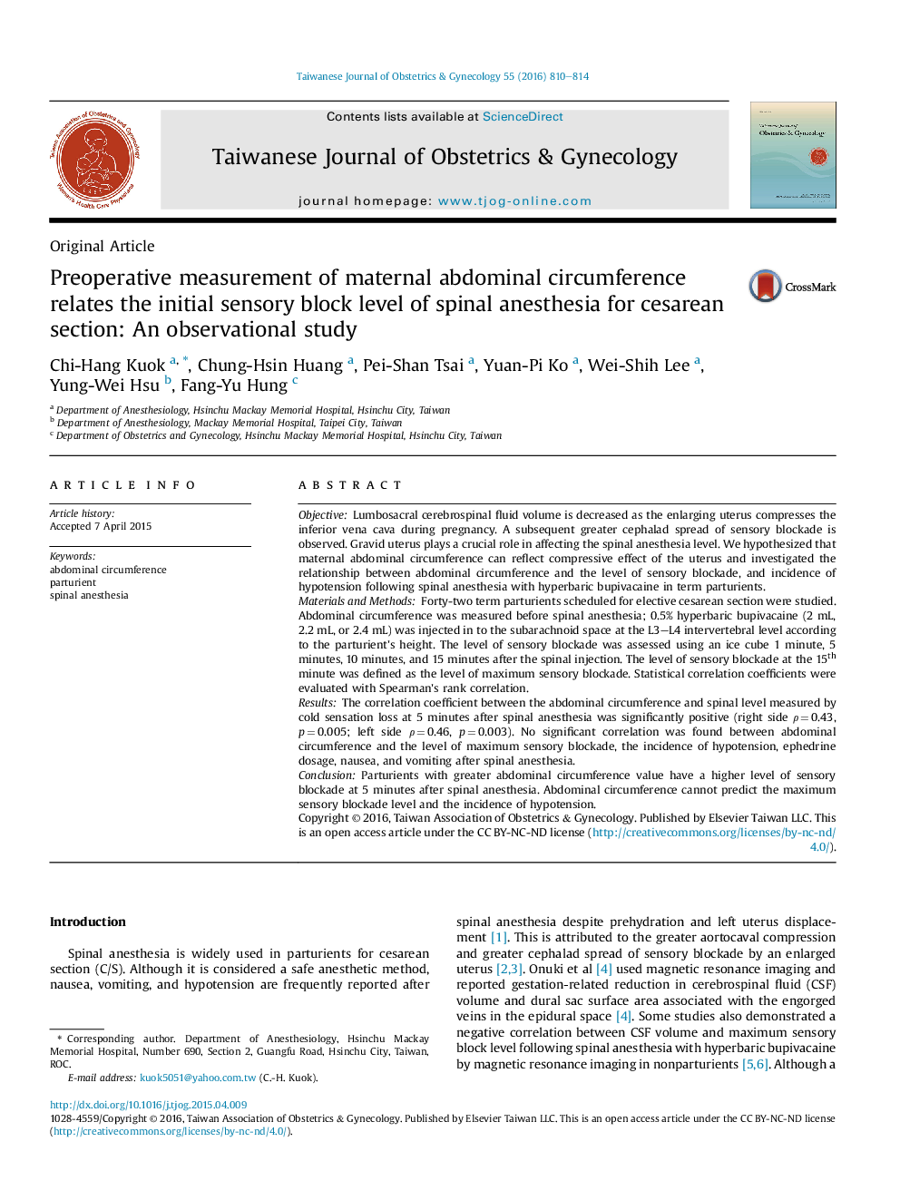 Preoperative measurement of maternal abdominal circumference relates the initial sensory block level of spinal anesthesia for cesarean section: An observational study