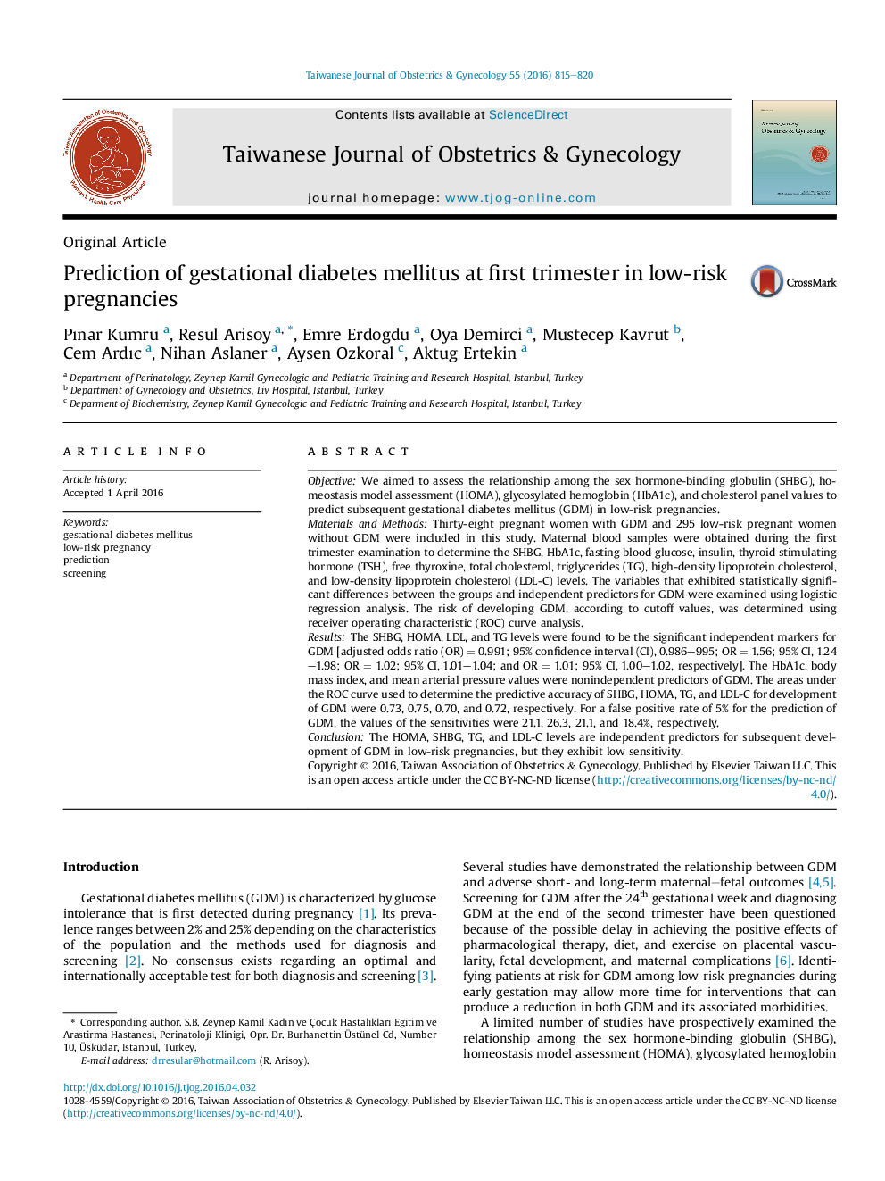 Prediction of gestational diabetes mellitus at first trimester in low-risk pregnancies