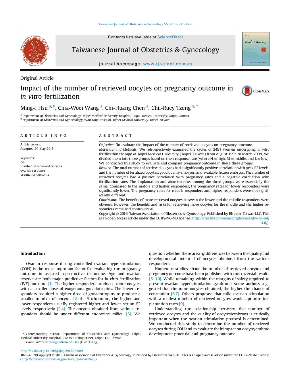 Impact of the number of retrieved oocytes on pregnancy outcome in inÂ vitro fertilization