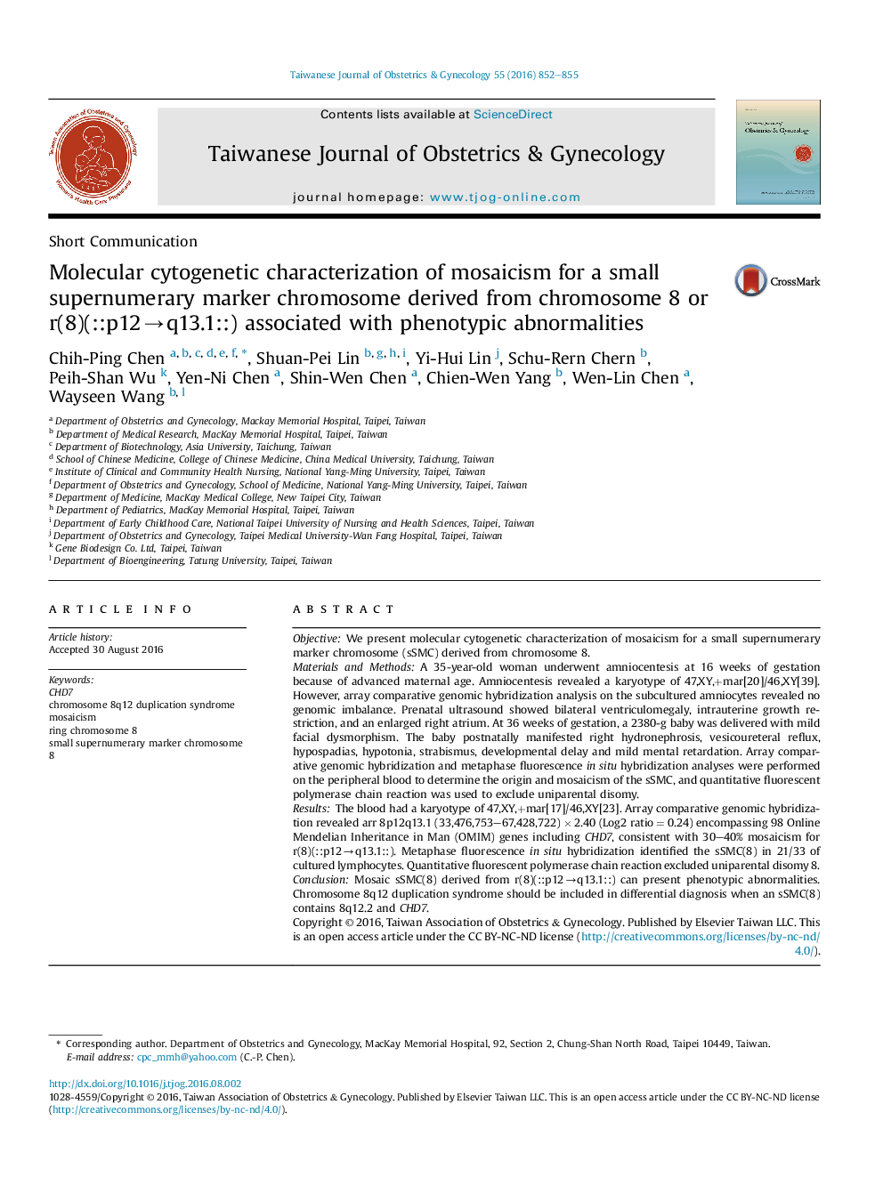 Molecular cytogenetic characterization of mosaicism for a small supernumerary marker chromosome derived from chromosome 8 or r(8)(::p12âq13.1::) associated with phenotypic abnormalities