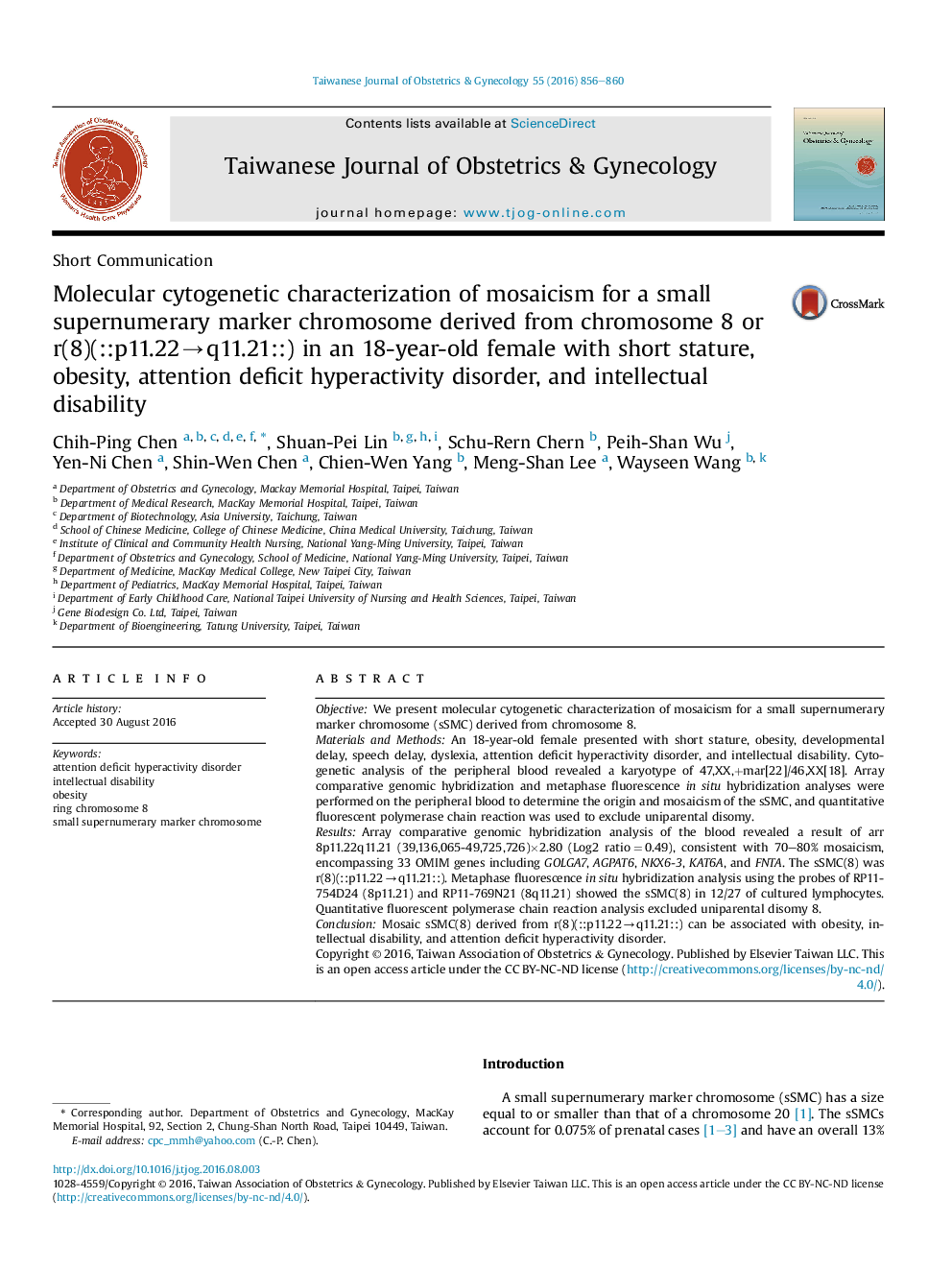 Molecular cytogenetic characterization of mosaicism for a small supernumerary marker chromosome derived from chromosome 8 or r(8)(::p11.22âq11.21::) in an 18-year-old female with short stature, obesity, attention deficit hyperactivity disorder, and inte