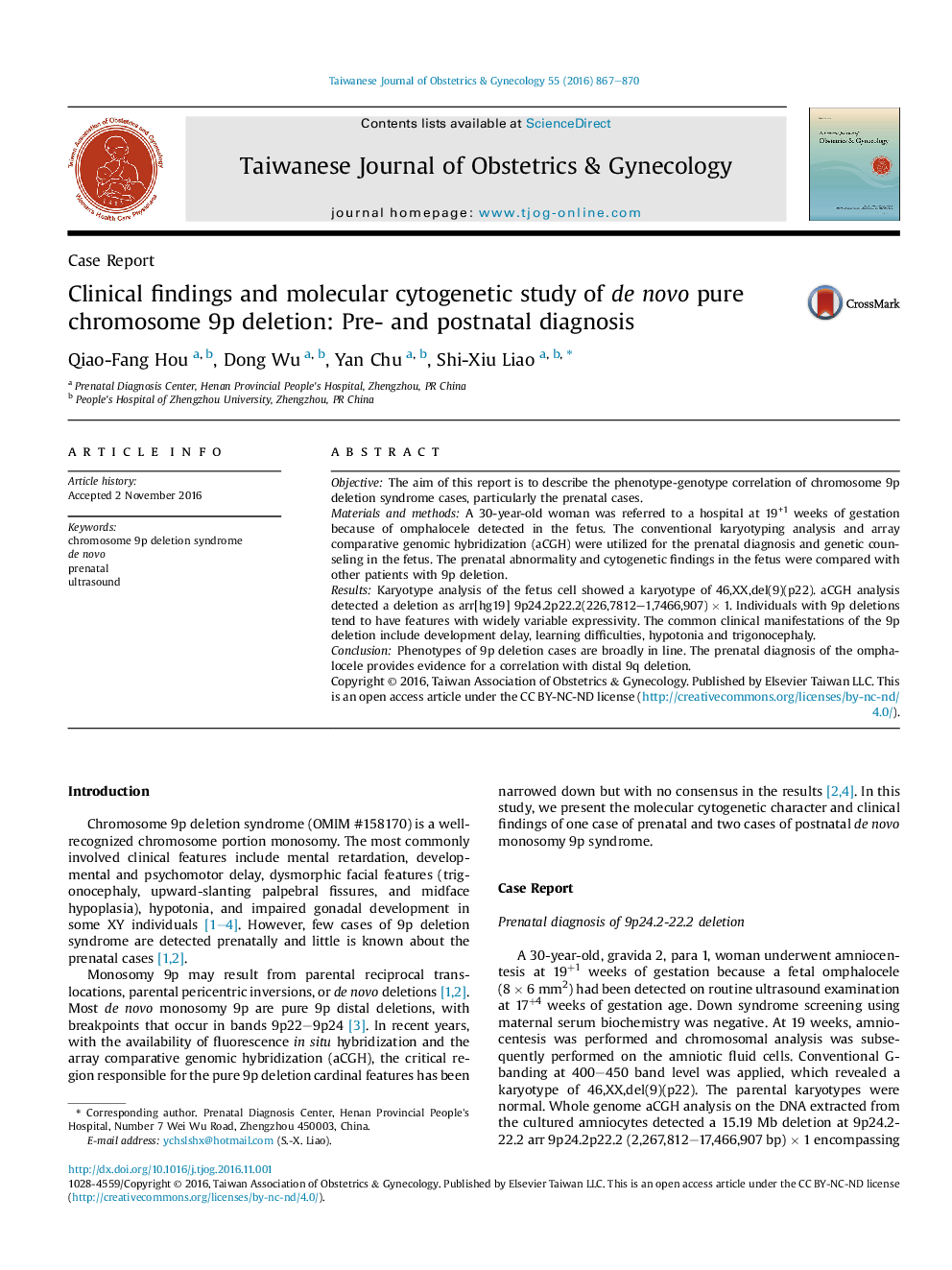 Clinical findings and molecular cytogenetic study of de novo pure chromosome 9p deletion: Pre- and postnatal diagnosis