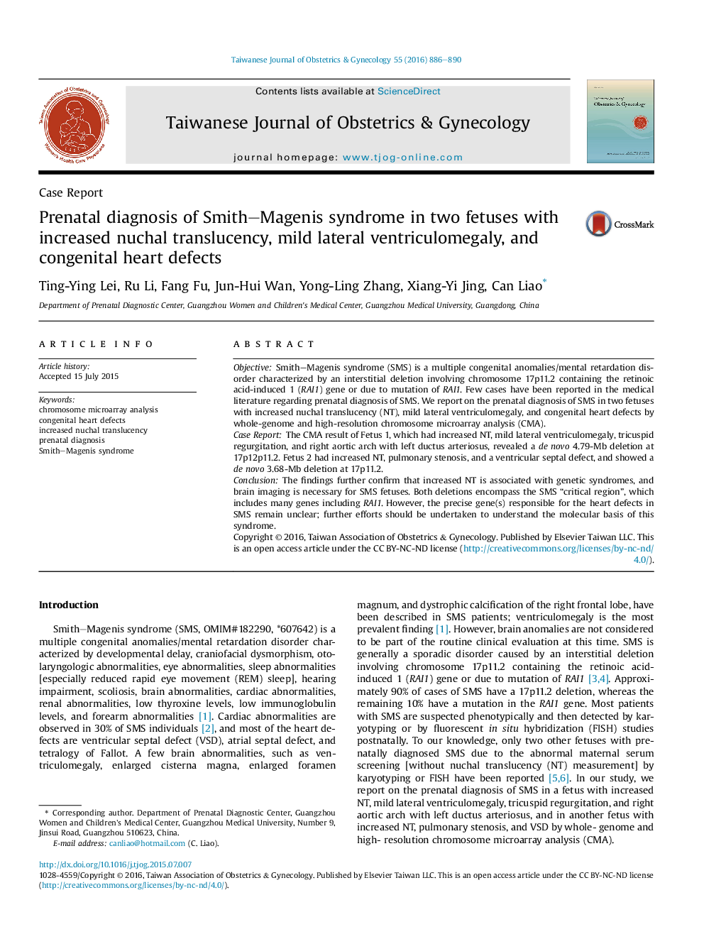 Prenatal diagnosis of Smith-Magenis syndrome in two fetuses with increased nuchal translucency, mild lateral ventriculomegaly, and congenital heart defects