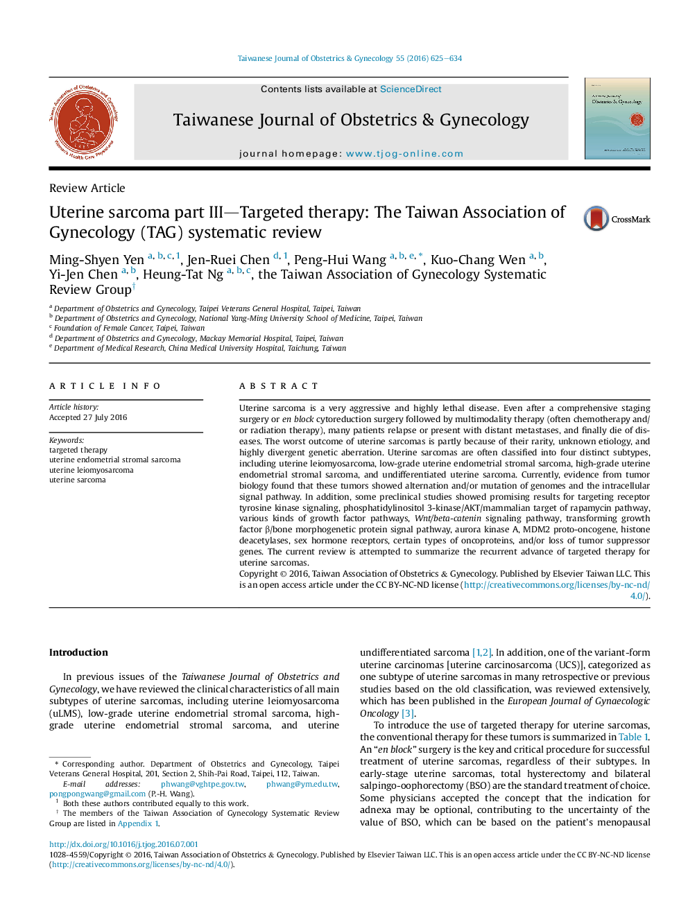 Uterine sarcoma part III-Targeted therapy: The Taiwan Association of Gynecology (TAG) systematic review